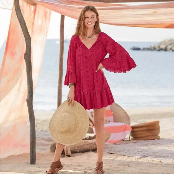 Sundance Moray Eyelet Bell Ruffle Sleeves Lipstick Red Coverup Tunic Dress XL - Picture 7 of 7